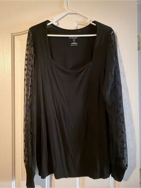 torrid Black Long-Sleeve Scoop Neck Top with Dot Mesh Sleeves